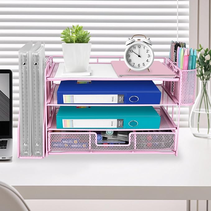ATOMUS 4 Tier Desk Organizer, File Organizer Drawer Organizer with 2 Hanging Pen Holders Accessories & Workspace Organizers for Office Supplies Pull-Out Design (Pink)