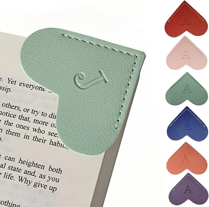 Personalized Leather Heart Bookmarks with Initials, 26 Letters Custom Corner Book Mark for Reading Women,Teacher, Student, Book Lovers Book Marker, Meaningful Gifts (Dark Blue+Light Green,J)