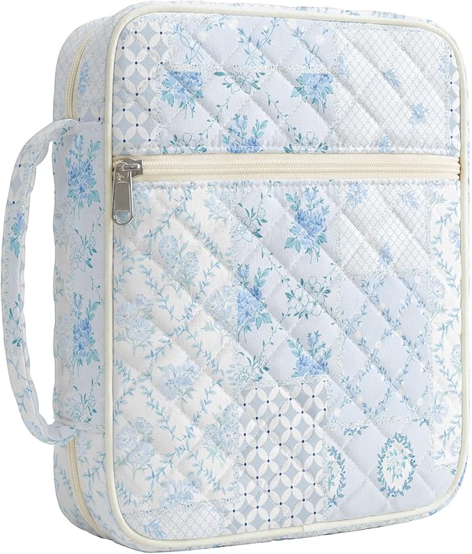 WOBAGMEN Bible Cover Case for Women,Large Bible Tote Bags Organizer Quilted Carrying Case for Girls,Bible Study Supplies Accessories Christian Gifts for Women (Blue Floral pin, M)