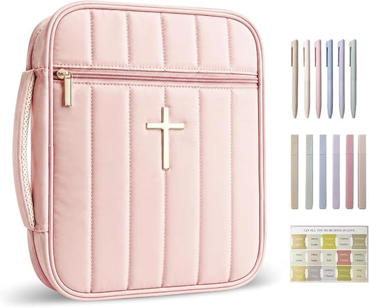 Wuflyover Bible Bag for Women with Study Set, Quilted Bible Cover Case with Handle, Bible Carrying Case for Church, Tabs, Notes, Pens and Highlighters, (Pink+Study Accessories)