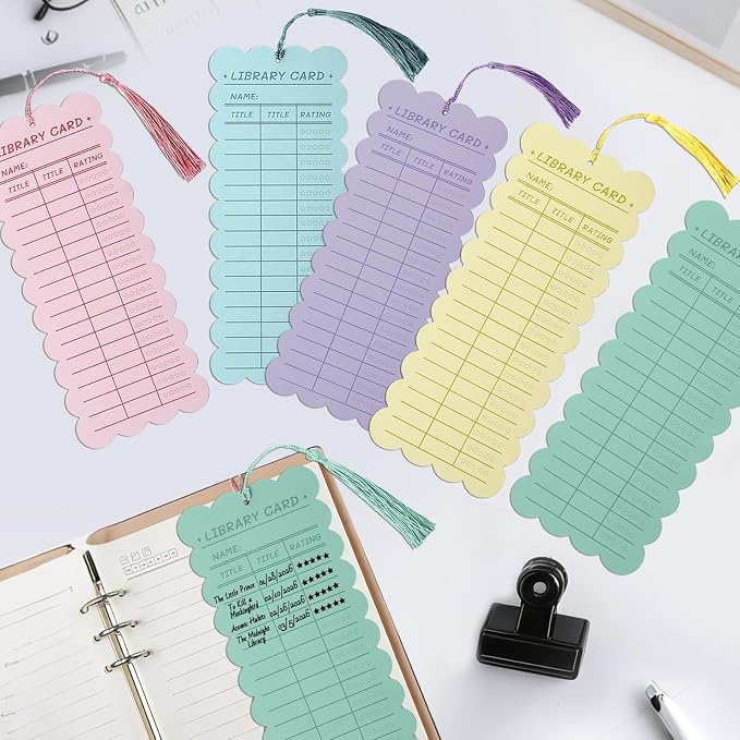 50 PCS Reading List Bookmarks Book Tracker with 50 Bookmark Tassels, 3 x 8 Inch Watercolor Library Card Reading Log Bookmark for Teachers Women Book Lovers