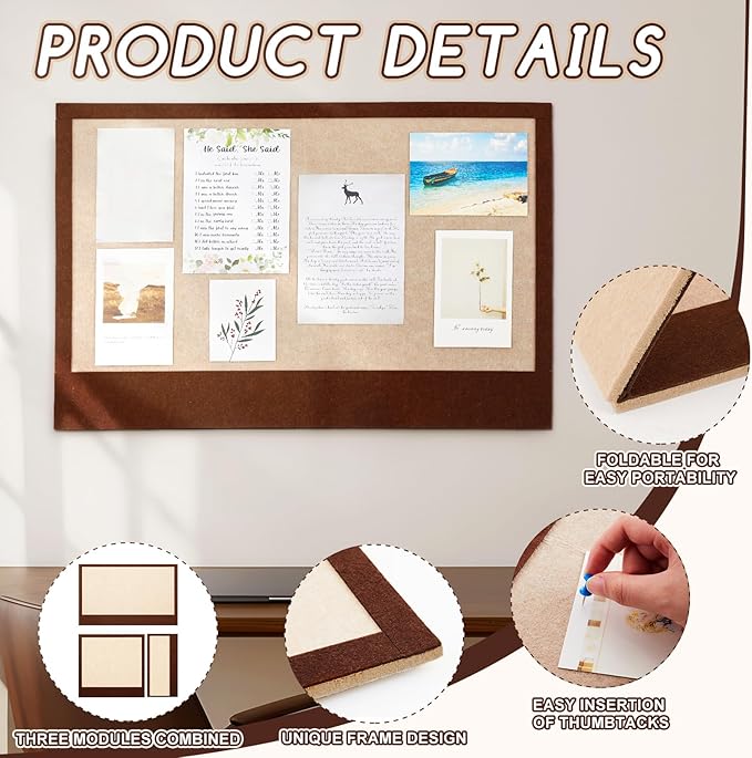 Hahafelt Set of 3 Vision Boards, 32"x 24" Bulletin Vision Felt Board Self-Adhesive, Decorative Picture Boards with 30 Push Pins for Home Office Church Prayer Wall Memo (Brown+Camel)