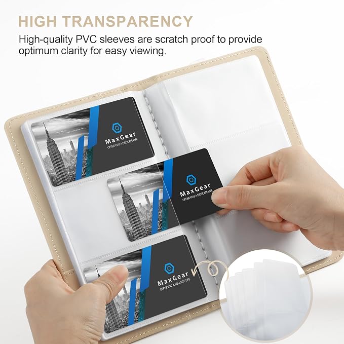 MaxGear Business Card Organizer Book, Holds 240 Cards, Portable PU Leather Business Card Holder with Clear Sleeves, Professional Card Binder for Office, Meetings, Networking, Off-white