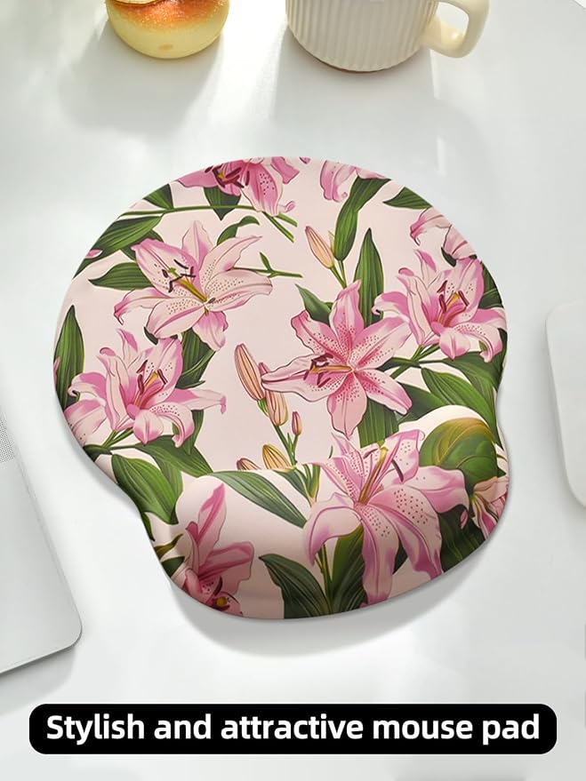 Lily Floral Mouse Pad Wrist Support Wrist Rest, Flower Ergonomic Mouse Pad with Non-Slip Base for Office Gaming Working Computers,Desk Accessories Pain Relief Mouse Mat, Green