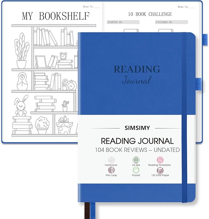 Reading Journal with 104 Book Reviews, Book Journal for Books Lovers & Readers - Review and Track Your Reading Progress, Reading Log Notebook Gift, A5, Navy Blue