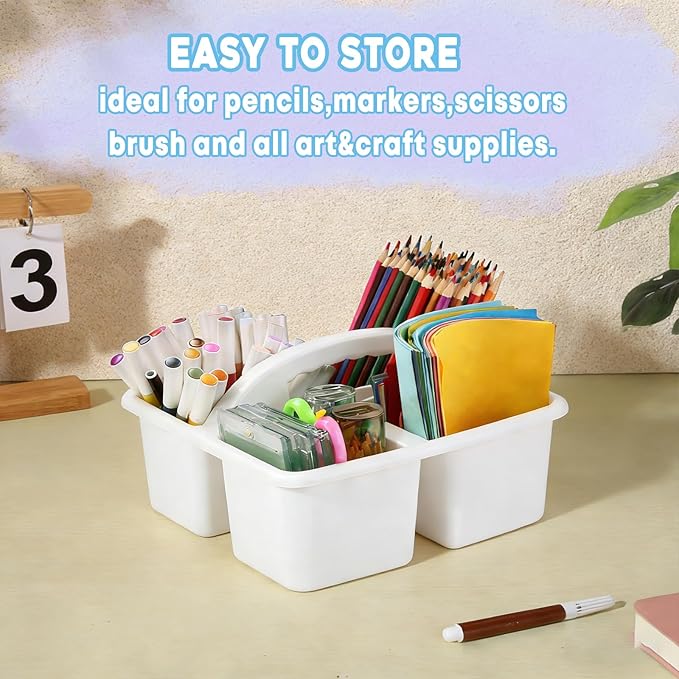 Plastic Storage Caddy Organizers, 6 Pcs Portable Teacher Classroom Supply Caddies with Handle, 3-Compartment Utility Craft Art Caddy for Kids, School Classroom and Office Organization, White