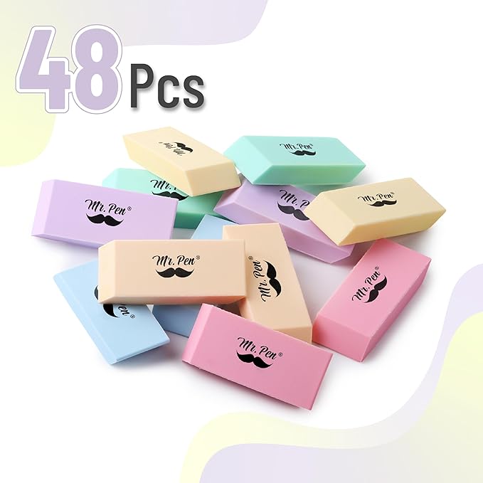 Mr. Pen- Pencil Eraser, 48 Pack, Pastel Colors, Large Latex Free Block Erasers Bulk for School, Office, Art Sketching, Homework, Exams, Clean Smudge-Free Correction