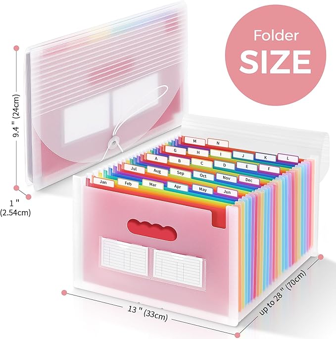 SKYDUE Accordion File Organizer with 26 Pockets & Label Stickers, Expanding File Folders Fit for A4 & Letter Size Paper, Multi-Functional Document Organizer for Home & Office File Management