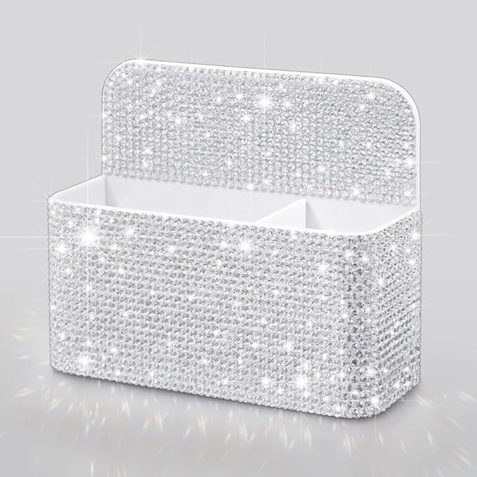 Bling Magnetic Marker Holder for Whiteboard Pen Holder for Women Girls Sparkly Gift Desk Organizer with Glitter Rhinestones for Christmas School Office Supplies (White)
