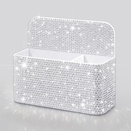 Bling Magnetic Marker Holder for Whiteboard Pen Holder for Women Girls Sparkly Gift Desk Organizer with Glitter Rhinestones for Christmas School Office Supplies (White)
