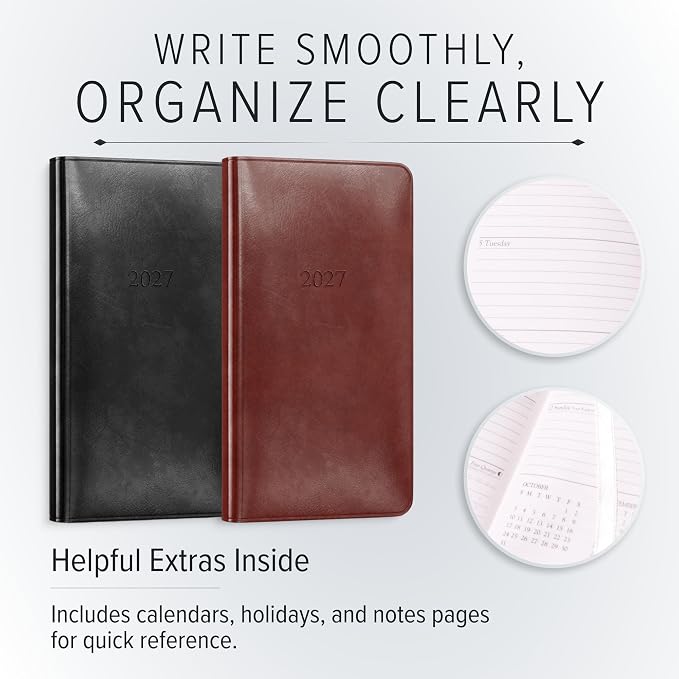 Gallery Leather Pocket Weekly Monthly Planner 2027, Elegantly Bound Calendar Planner and Notebook with Stylish Gold-Gilded Page Edges, 12 Months - Acadia Hope - 6x3.25"