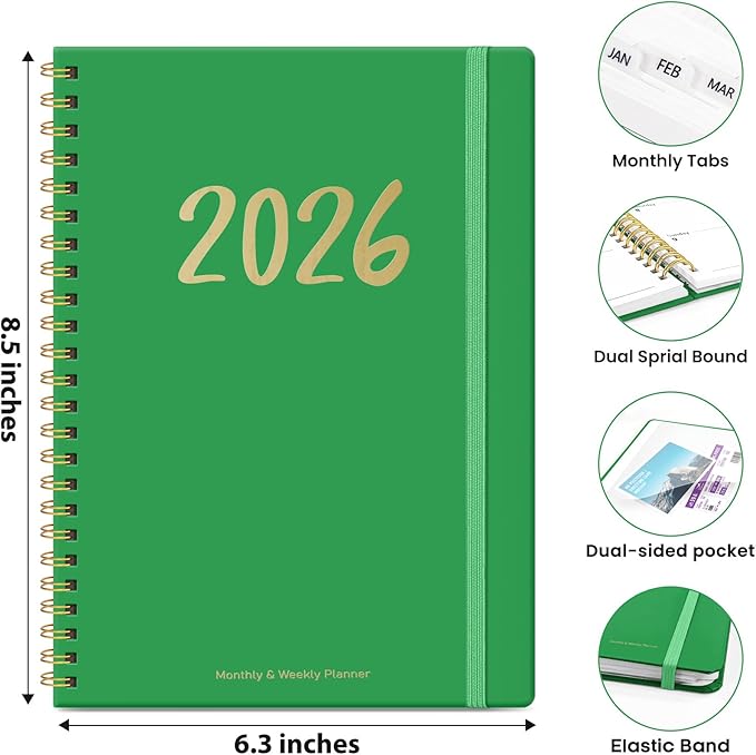 2026 Planner, Weekly and Monthly Planner for Women, January 2026 - December 2026, Hardcover 2026 Calendar Planner Book with Tabs, Inner Pocket, Spiral Bound, Perfect for Office Home School Supplies - A5 (6.3" x 8.5"), Racing Green