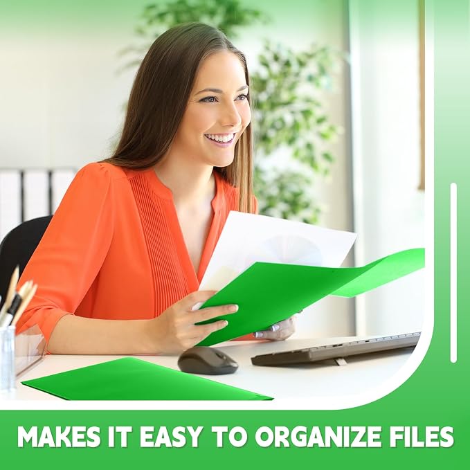 Gueevin 100 Pack Plastic Folder with Pockets, 2 Pocket Folders, Plastic Glossy Folders Fit Letter Size Paper, Heavy Duty Durable File Folder with Business Card for Home Office School (Fresh Green)