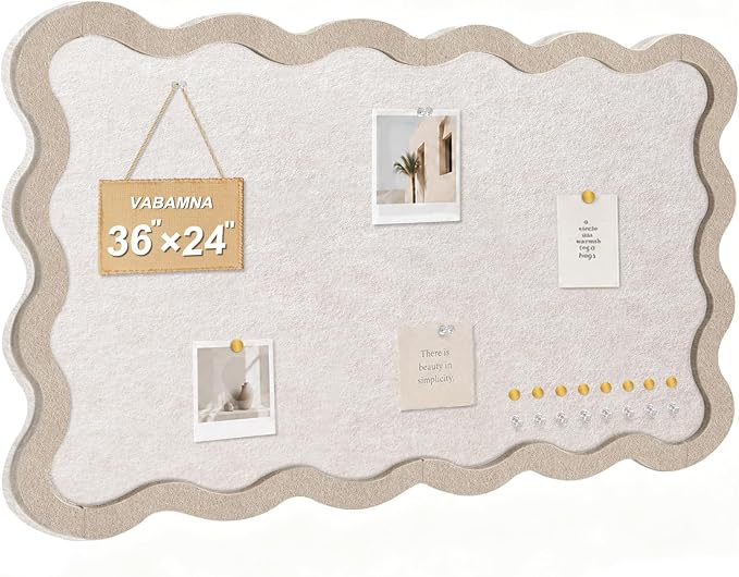 Scalloped Felt Bulletin Board, Sized 36" x 24" Felt Cork Board Alternative for Office & Wall Decor, Customizable Adhesive Tiles with Pins Hooks for Photo Display School Home Office, Oatmeal