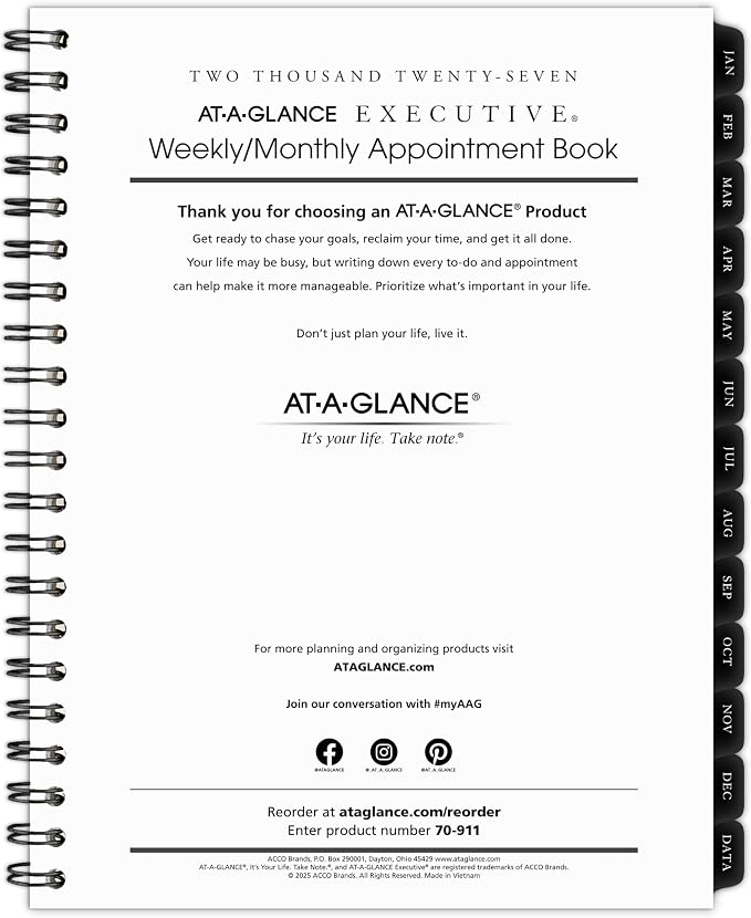AT-A-GLANCE 2027 Weekly Monthly Padfolio Refill for 70NX8105, 8.25" x 11", Executive (709111027)