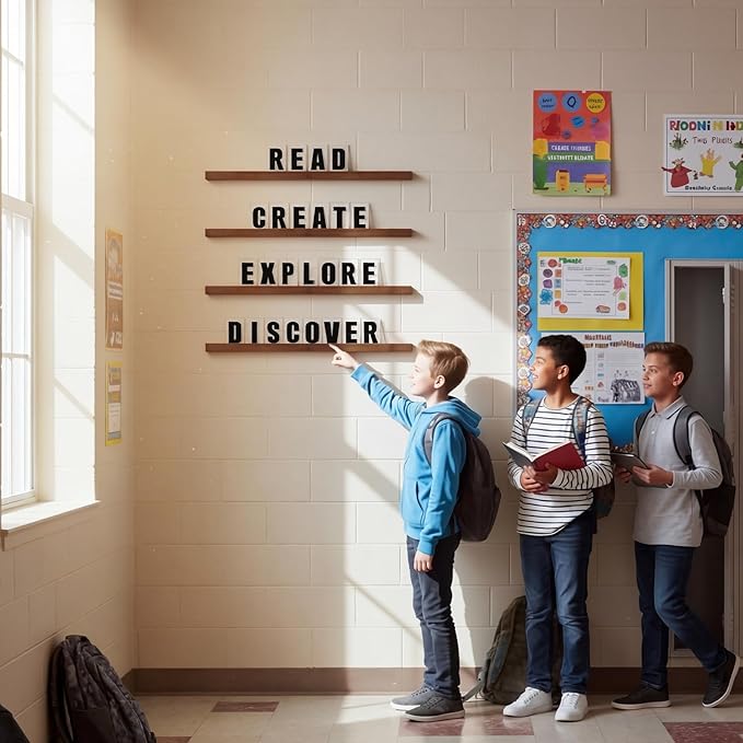 Yousoontic Classroom Wall Letter Ledge Set Changeable Letter Board Shelf with 136 Letters/numbers/symbols, 4 Dark Walnut Wooden Ledges Floating Message Board Sign for Daily Announcements Reminders