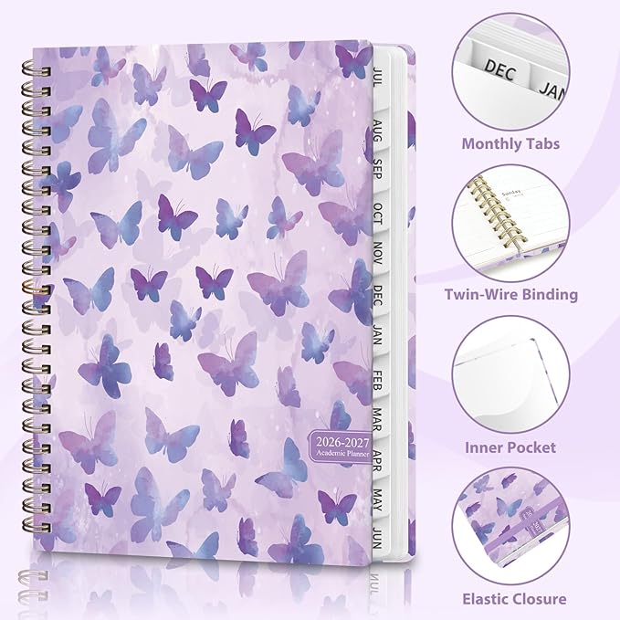 Academic Planner 2026-2027, Weekly and Monthly Agenda Planner, Daily Calendar Planning Notebook (July 2026 - June 2031), School Teacher Student Supplies, Purple Butterflies