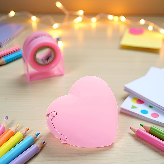 Pink Portable Candy Color Tape Dispenser Heart-Shaped Tape Dispenser Cute Roll Tape, Adhesives and Fasteners Tape Organizer Desk Home Office School Supply Tapes Office Tape Dispensers Office Supplies