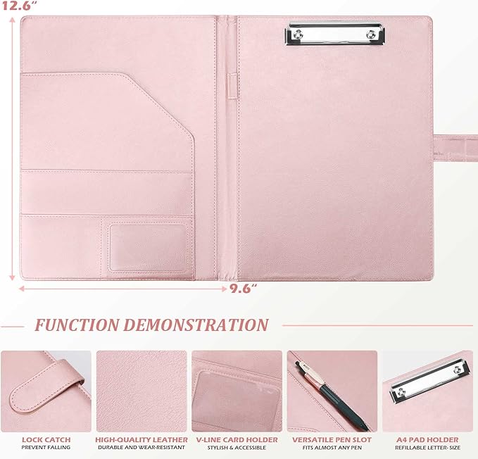 Tiankool Padfolio Portfolio Folder Binder-Faux Leather Portfolio Folder with Cover for A4 Notepad Holder, Business Portfolio for Resume, Legal Pad, Interview, Letter-Size Padfolio for Women/Men, Rose
