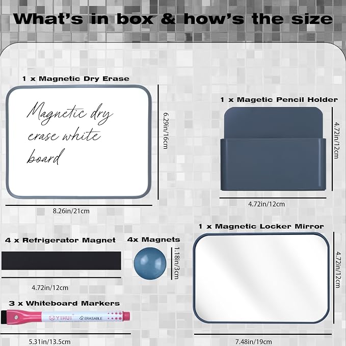 Denylo pro Magnetic Locker Accessories Kit Back to School Essentials Locker Organizer Supplies Includes Whiteboard Mirror Storage Box Dry Erase Marker and More fo Back to School Essentials，Gray