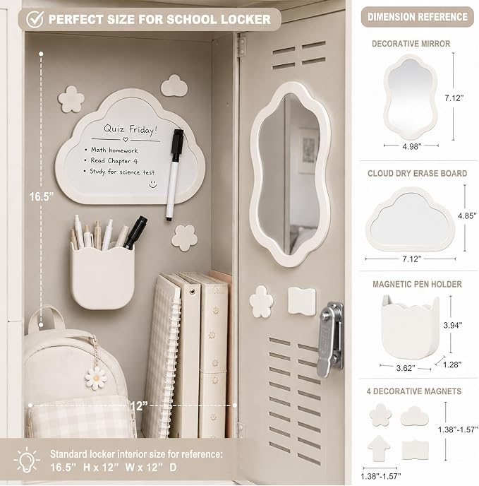 Svartur Magnetic Locker Accessories Set - Locker Mirror, Dry Erase Whiteboard, Magnetic Pen Holder & Cute Magnets, Aesthetic School Locker Decor for Girls, Locker Organizer Kit, White