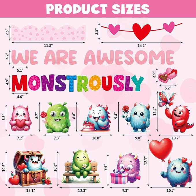 Fancy Land Valentine's Day Monster Bulletin Board Set for Classroom Decorations Valentine Monster Heart Cutouts for School Chalkboard Home Office Party Wall Door Decor Supplies 98Pcs