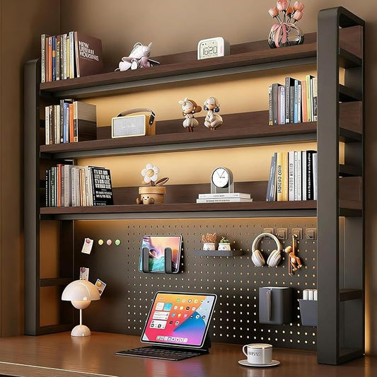 Desk Shelf Organizer with Pegboard & Storage Parts, 45kg Heavy Duty Desk Hutch, Desktop Storage Rack for Office & Home Office Shelves Black Shelf/Walnut Board (4-Tier) 53.2×10×48.5"