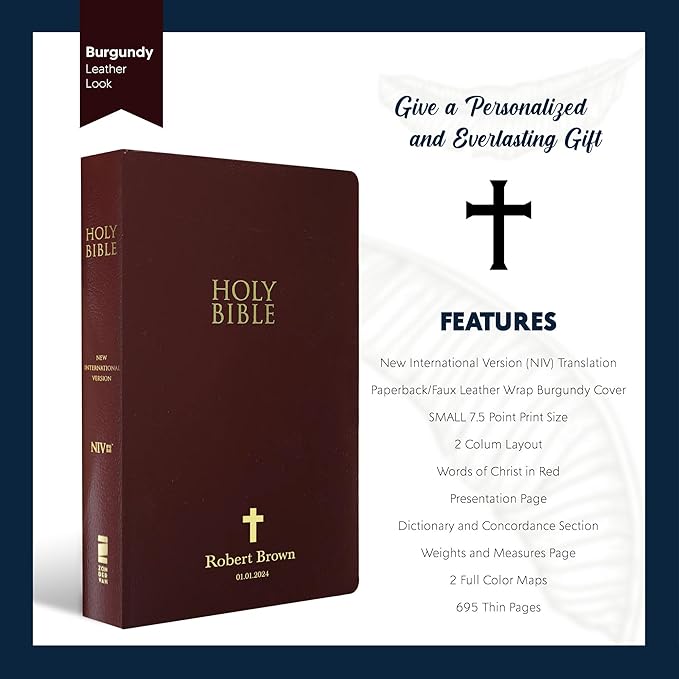 Personalized NIV Bible Faux Leather Small Print Economy Bible with Custom Name at The Lower Right Side & Red-Highlighted Verses, Custom Gift for Christian & Religious Events | Burgundy