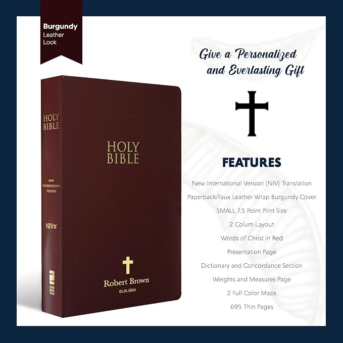 Personalized NIV Bible Faux Leather Small Print Economy Bible with Custom Name at The Lower Right Side & Red-Highlighted Verses, Custom Gift for Christian & Religious Events | Burgundy