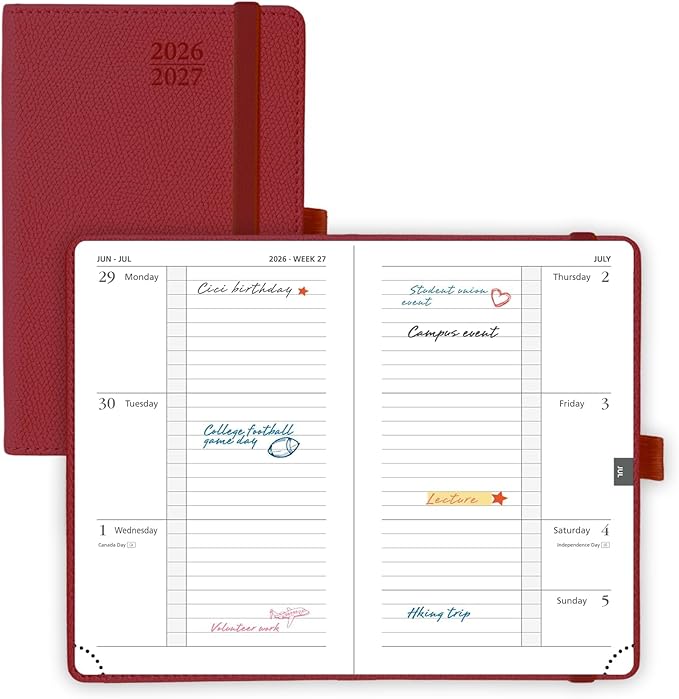 POPRUN 2026-2027 Pocket Weekly Planner Calendar, Size 4'' x 6.25'', Academic Planner (Jul 2026 - Jun 2027) Horizontal Layout with Lined Sections, Leather Hardcover, 100GSM Paper - Burgundy