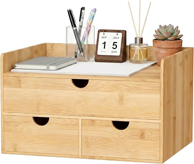 Desk Organizer with Drawers - Bamboo Desktop Organizer Storage | Wood Desk Drawers Organizer for Bills, Office Supplies, Cosmetics, Seals No Assembly Required