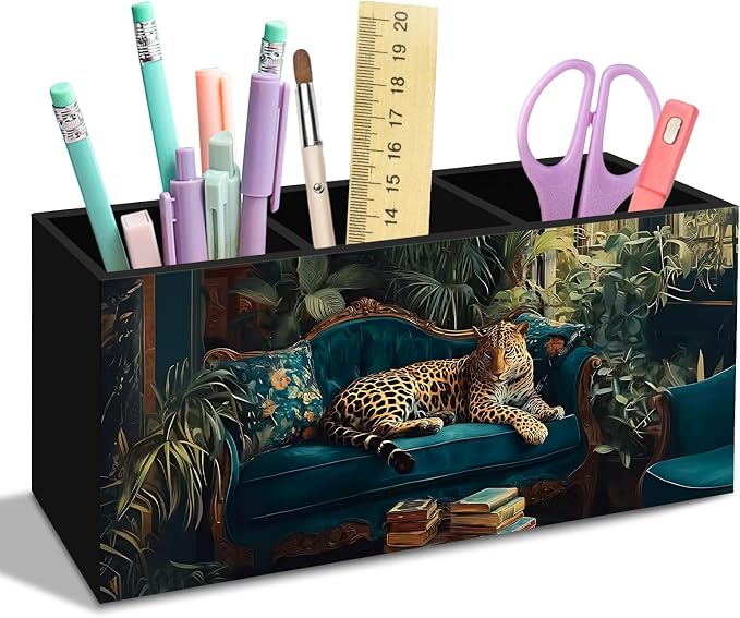Trendy Retro Leopard Pen Pencil Holder for Desk, Maximalist Preppy Leopard Office Desk Accessories, Funky Cheetah Pen Holders Organizer for Classroom Office Desk