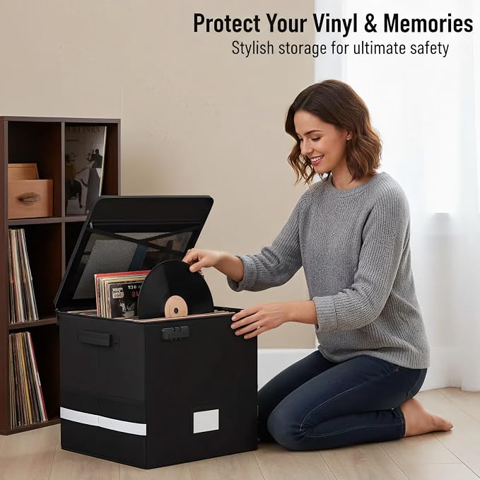 Vinyl Record Storage Box with Lock, 2 Packs Fireproof & Water-Resistant Record Organizer for 100+ 12-inch Vinyl Albums, Collapsible Crate with Lid & Handles, 13"x13"x13" Record Case