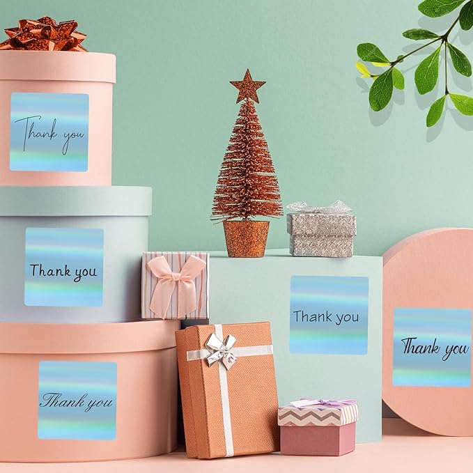 Square Thermal Labels Stickers 3" x 3", Holographic Thermal Stickers Labels, Glitter Self-Adhesive Direct Thermal Label for Small Business- Holographic Blue