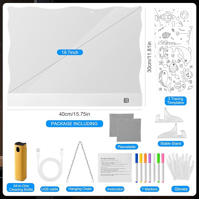 VINTS 19-Inch Rechargeable LED Note Board, Glow Light Up Drawing Board with 4 Modes & 7 Colors,LED Dry Erase Doodle Board with Stand,Touch Control for Kids Teen Christmas Gift,15.75"X11.81"