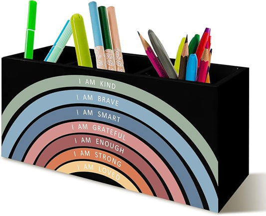 Boho Rainbow Positive Affirmations Pen Pencil Holder for School Classroom Office Desk, I Am Kind Brave Smart Inspirational Makeup Brush Toothbrush Holder Organizer for Bathroom Vanity（Black）