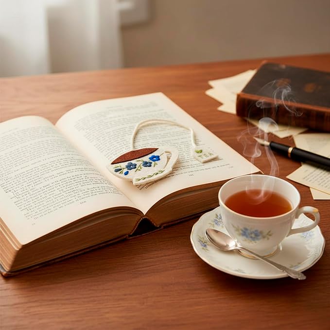 Embroidered Teacup Bookmark with Floral Design – Cute Tea Cup Bookmark for Book Lovers, Readers & Teachers – Unique Gift for Women, Tea Lovers & Bookworms