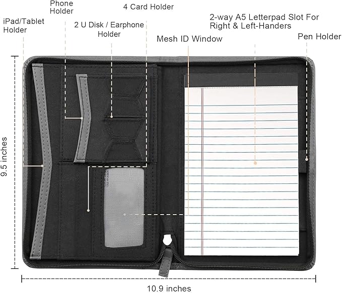 Junior Padfolio/Resume Portfolio Binder with Refillable Lined Notepad, A5 Padfolio Folder, Business Portfolio, Multi-Function Case, A5 Writing Pad Included, Gray