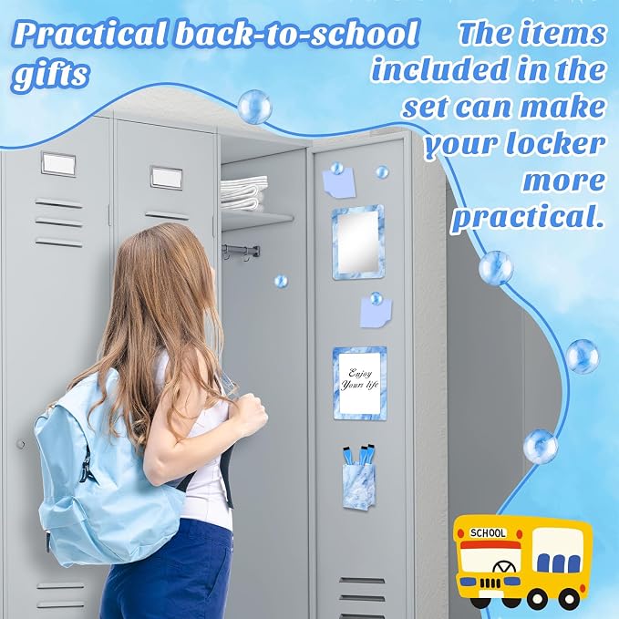 Denylo pro Magnetic Locker Marble Accessories Kit Blue Back to School Essentials Locker Organizer Supplies Include Mirror Whiteboard Pen with Holder Magnet Magnetic Buckle Back to School Essentials