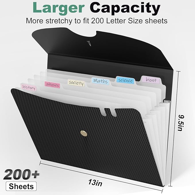 Sooez 7 Pocket Accordion File Organizer, Premium Expanding File Folder, Letter Size Folders for Documents, Sleek Filing Folders with Bungee Closure, Portable Folders for School Office Supplies, Black