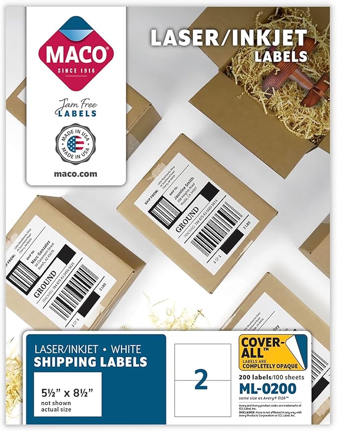 Cover-All Printable Labels for Shipping - Laser/Ink Jet Compatible Shipping Labels, 2 per Sheet, 5-1/2" x 8-1/2", Box of 100 Pages/200 Labels, White