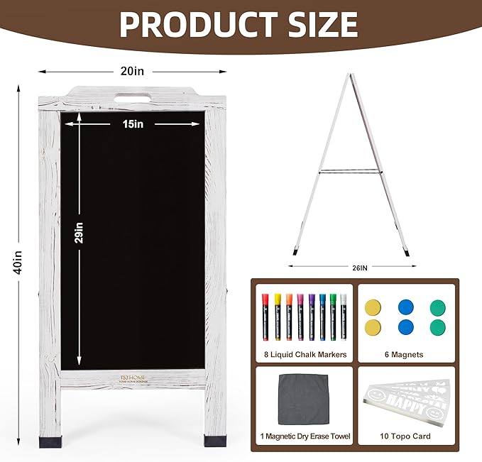 Magnetic Portable A-Frame Chalkboard Signs, 40" x 20" Large Wood Sandwich Board Signs Outdoor, Double-Sided Sidewalk Standing Chalk Board for Business, Wedding, Vendor Display, Coffee Shope - White