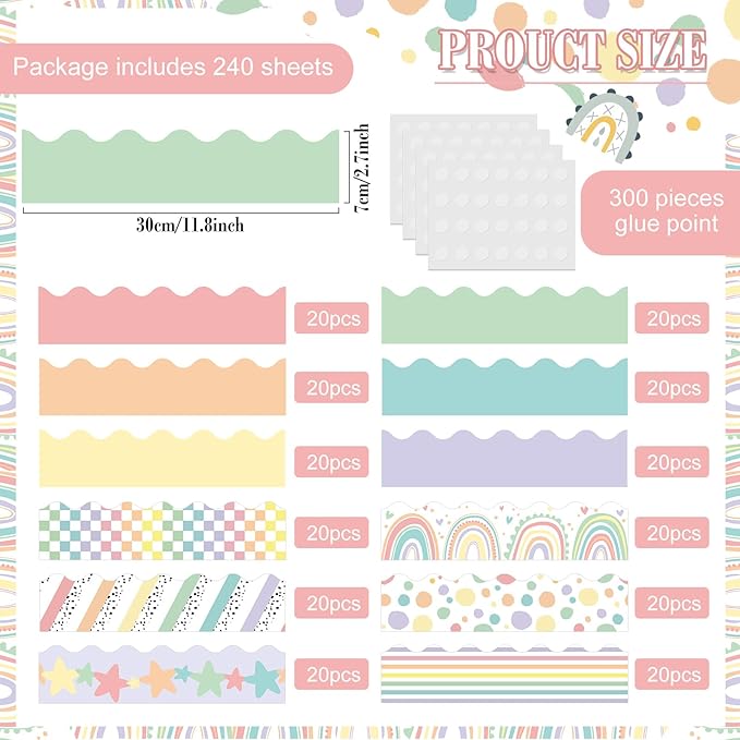 240 Pcs 236ft Holiday Bulletin Board Borders Colorful Rainbow Scalloped Border Trim Bulk Bulletin Decor for Classroom Back to School Decor(Candy Style)