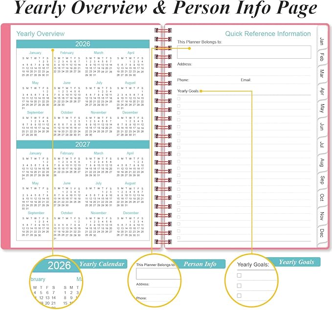 2026-2027 Monthly Planner - January 2026 - June 2027, Two Pages Per Month, 18 Monthly Calendar/Planner with Tabs, Inner Pocket, 6.4" x 8.5", Pink
