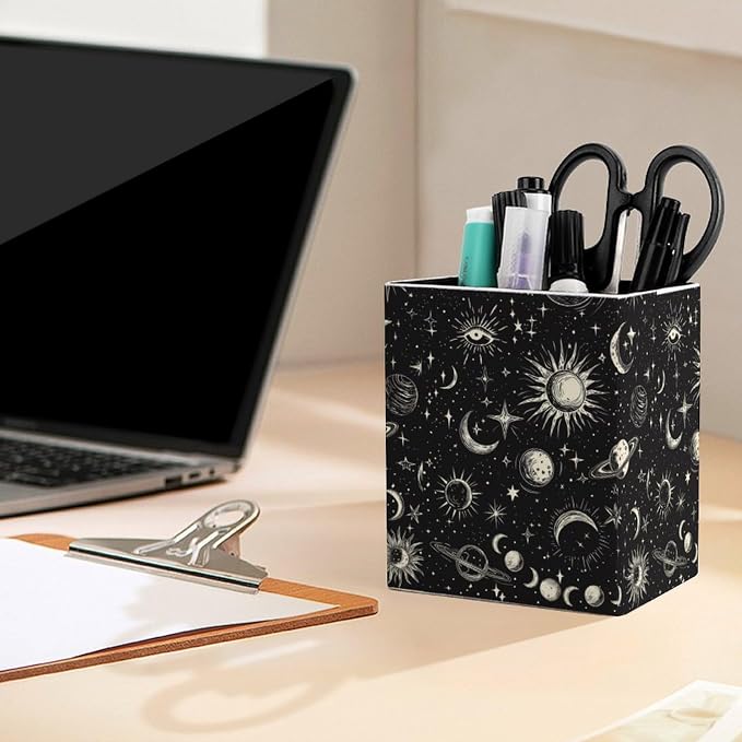 Stars Moon Sun Print Square Leather Pen Holder, Minimalist Desk Organizer for Office Home School, Pencil & Stationery Storage Box, Gift for Students Teachers Colleagues