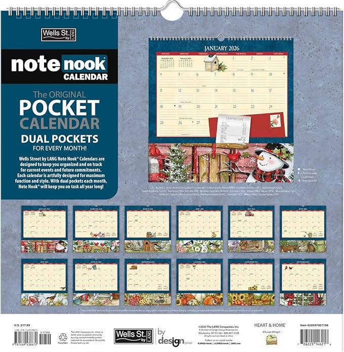 WSBL Heart & Home 2026 Note Nook Wall Calendar – 12-Month Organizer Calendar with Dual Storage Pockets, Tranquil Home & Garden Artwork by Susan Winget, 12″ × 12.125″