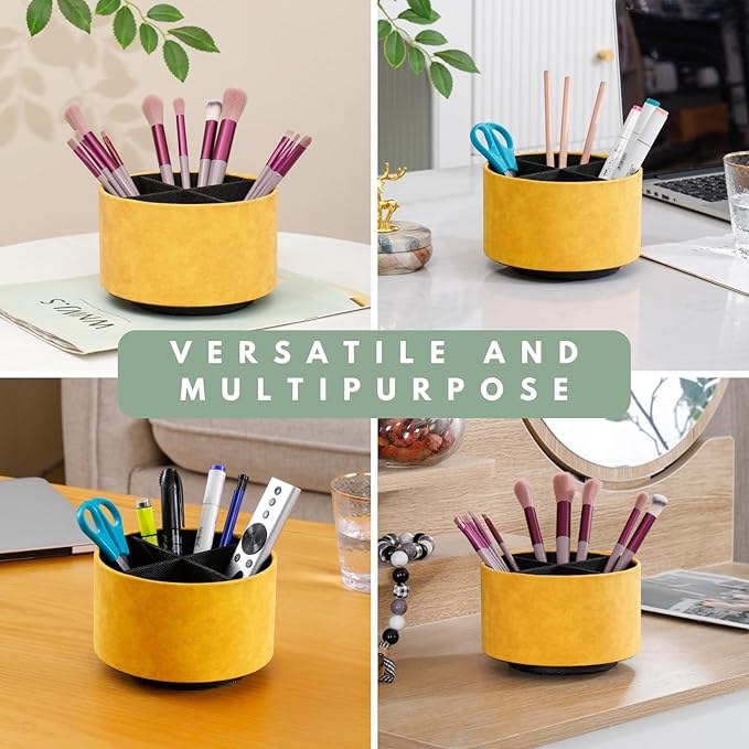 Remote Control Holder For Table, 360 Degree Spinning Desk Organizer For Bedside Night Stand, TV Remote Caddy with 4 Compartments, Office Rotating Pen Holder Yellow PH126