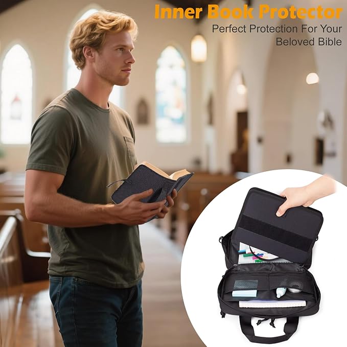 ATRIPACK Tactical Large Bible Cover for Men,Double Layer Bibles Bag With Detachable Book Carrying Case, Covers for Bible Organizer with Zippered Pockets,Church Case with Handle.