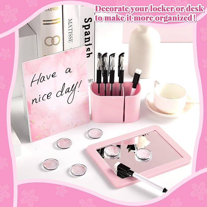 11 Pcs School Lockers Magnetic Decor Locker Accessories Kit with Magnetic Pink Marble Print Whiteboard Mirror Pen Holder Buckles Lockers Organizer Decorations Locker Essentials Back to School Supplies