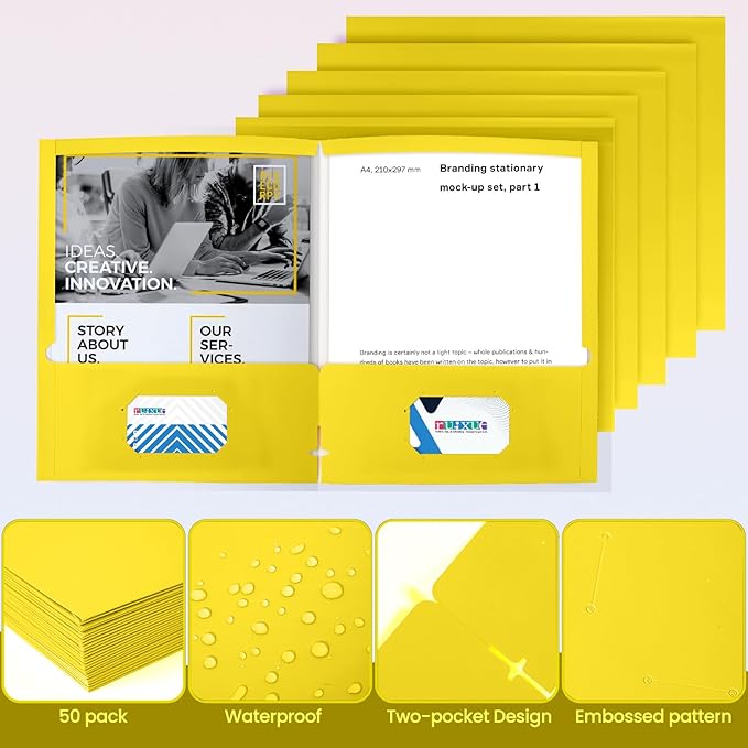 BIBRADAA® 50 Packs Yellow Folders,Paper Folder Surface with Waterproofing,Letter Size,Holds 100 Plus Sheets,for School,Office,Business. (50, Yellow)